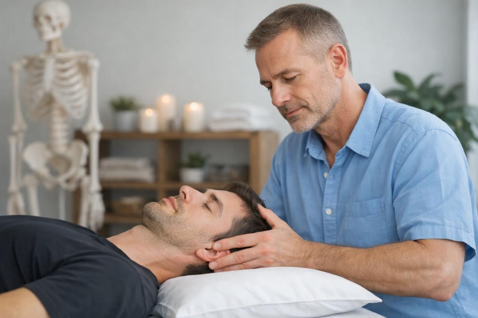 terapeuta wykonujący technikę czaszkową na pacjencie