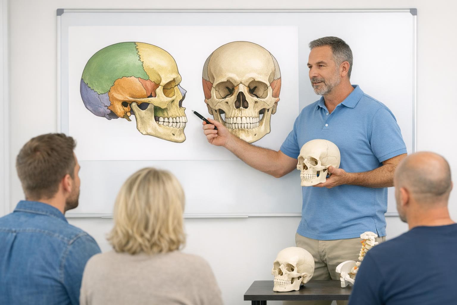 terapeuta omawiający schemat anatomiczny czaszki z uczestnikami kursu