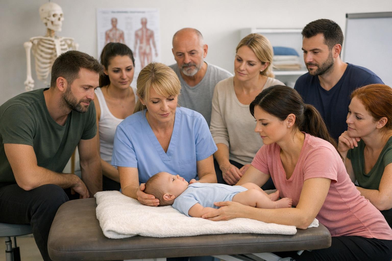 grupa kursantów podczas zajęć praktycznych z osteopatii pediatrycznej