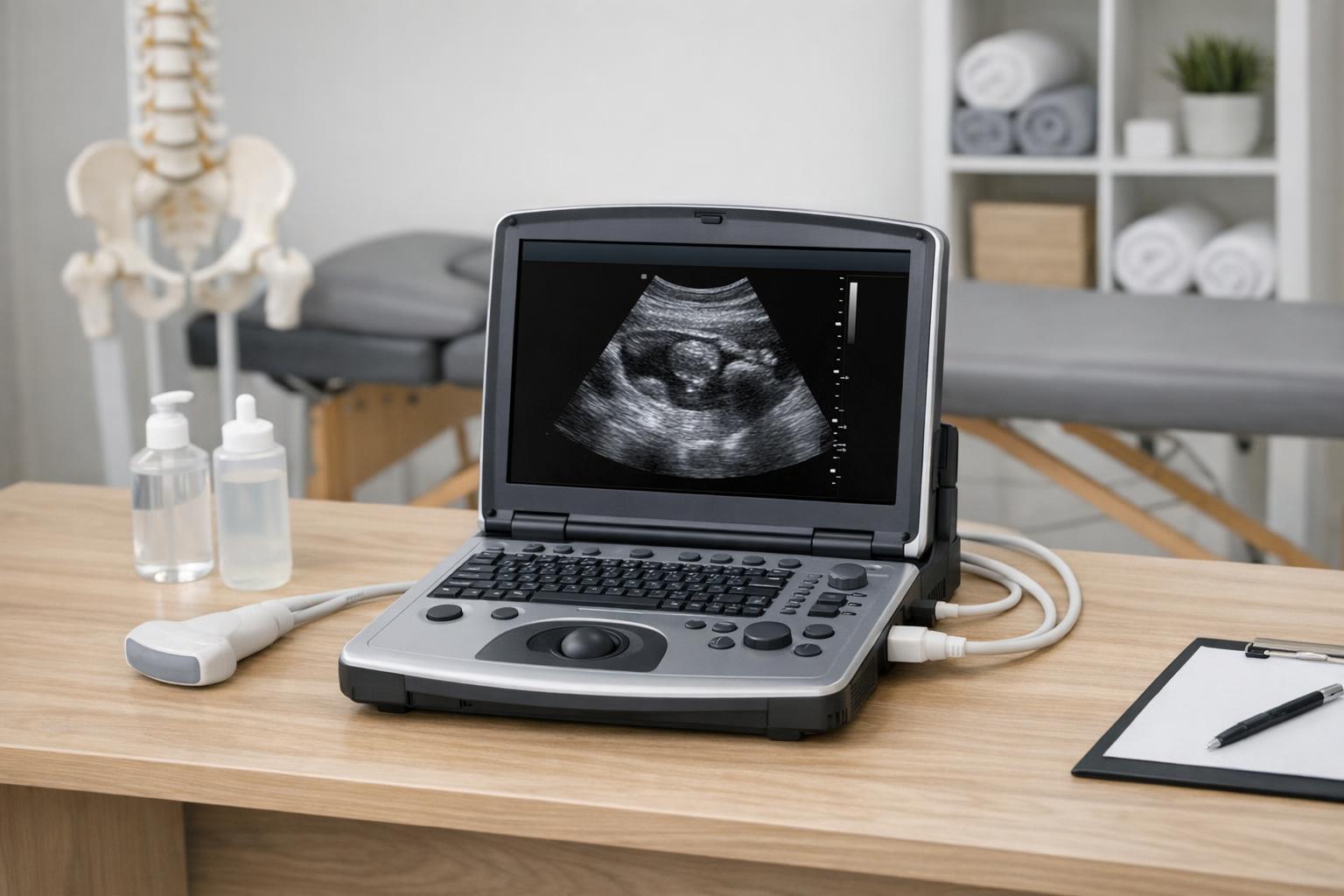 Zdjęcie ultrasonografu przenośnego na stole w gabinecie fizjoterapeuty