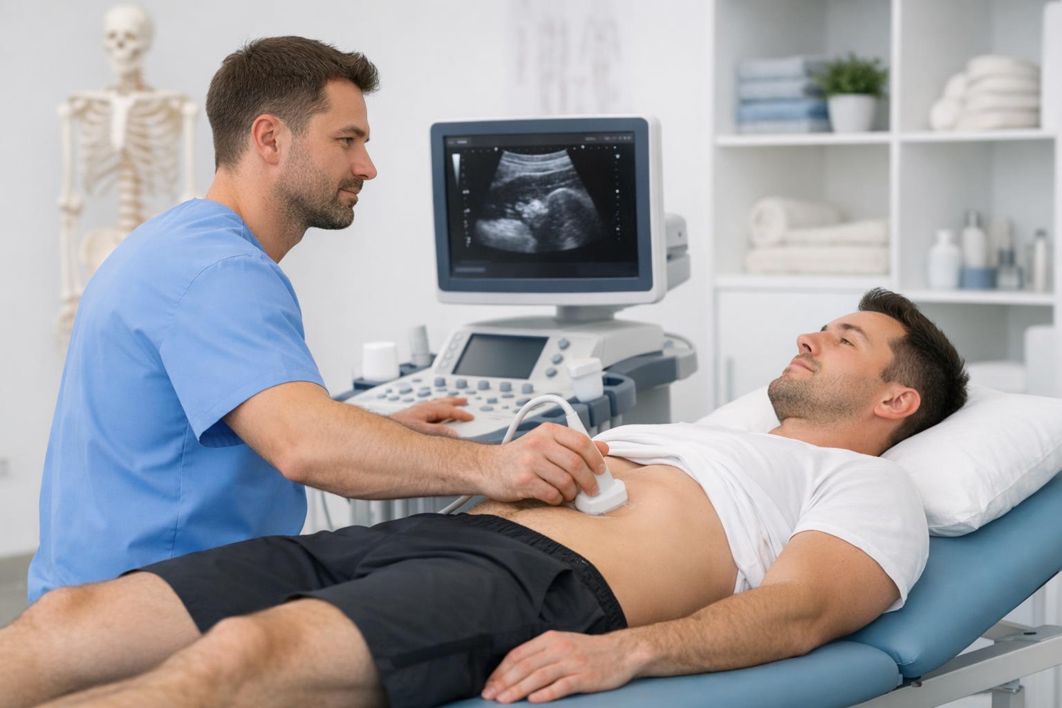 Zdjęcie fizjoterapeuty wykonującego badanie USG pacjentowi na kozetce